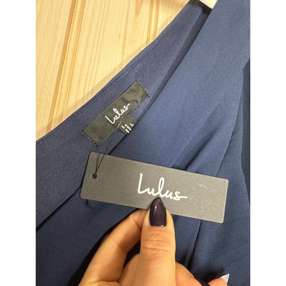 NWT Lulus Convincing Grace Navy Blue Flutter Sleeve Wrap Maxi Dress Wedding L - Picture 5 of 7
